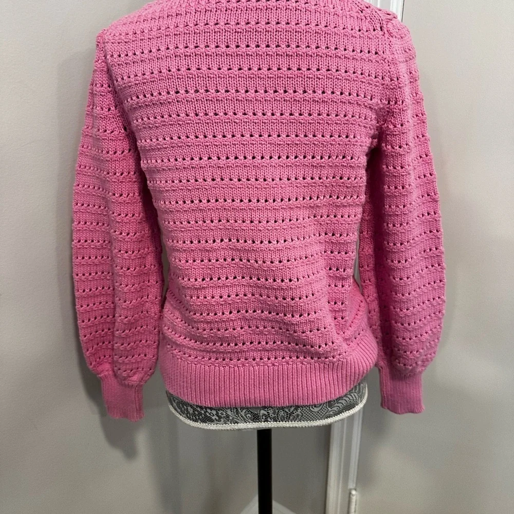 J.Crew Size S Balloon Sleeve Pointelle crochet Sweater Baby Pink Cotton Blend.